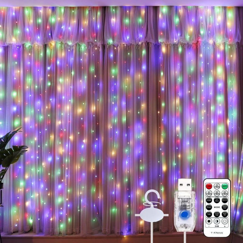 SINAMER Curtain String Lights, Multicolor Curtain Light for Bedroom, USB Powered 8 Modes Remote Fairy Light for Home Wedding Party Decor - Image 1